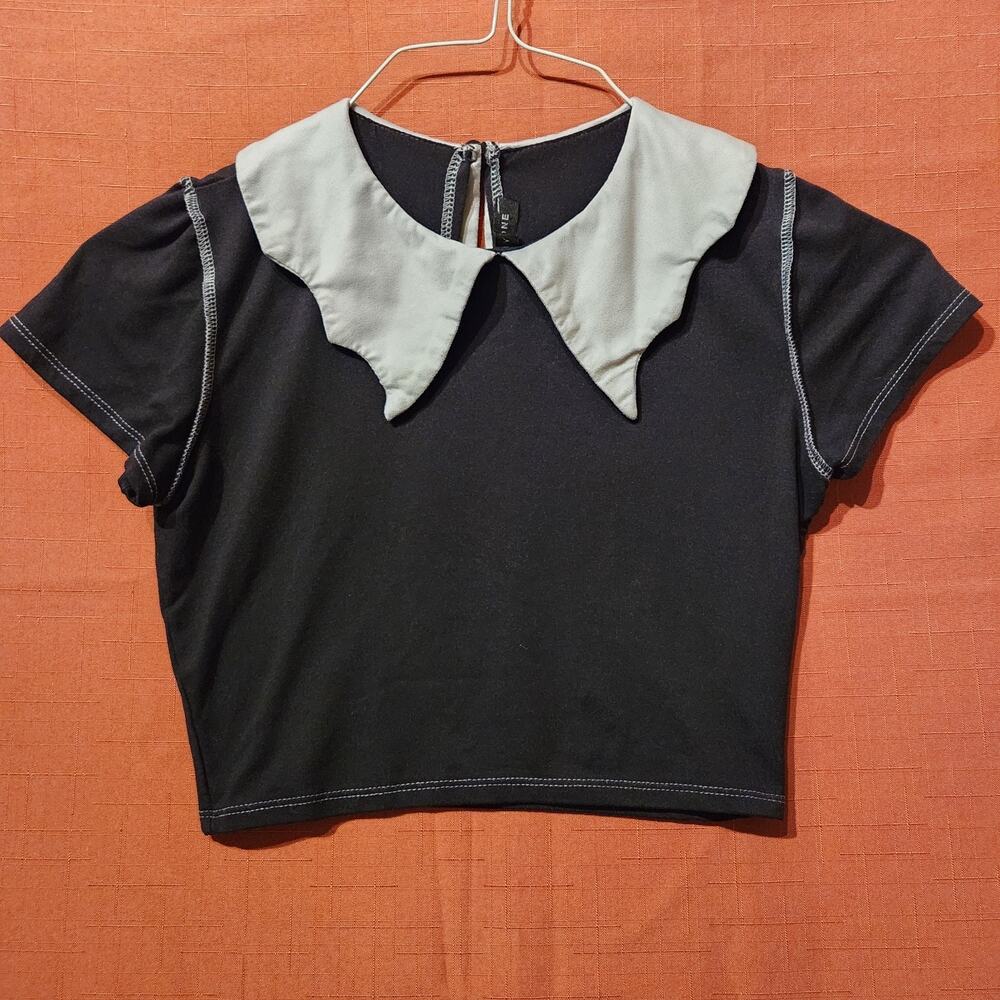 Dark Academia Sz Small Preppy Wednesday Black Crop Top White Scalloped Collar